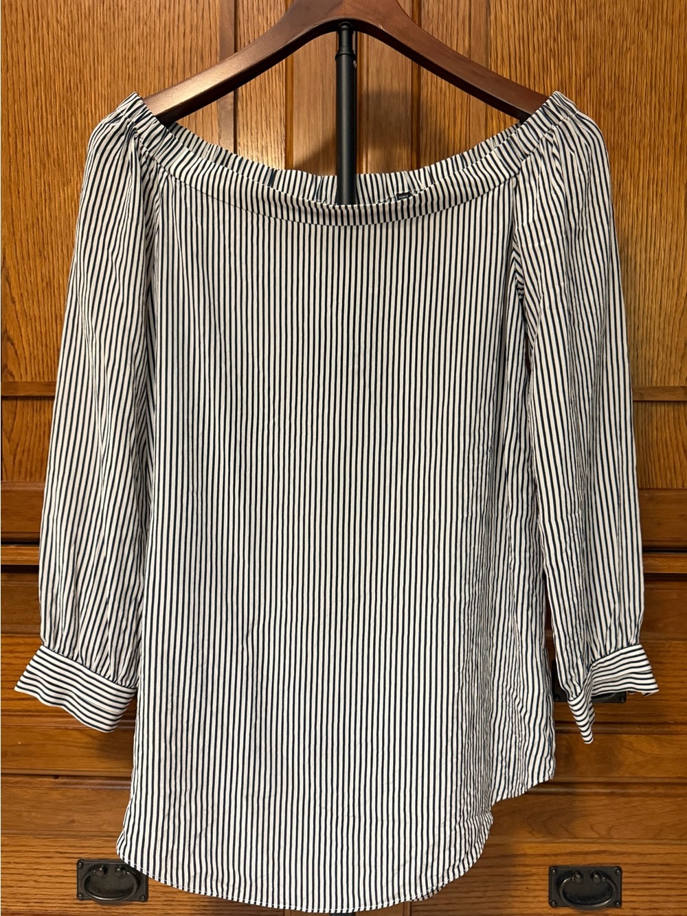 CAbi Brigitte Silk Striped Off-Shoulder Blouse 5258 Parisian Sophisticated Chic